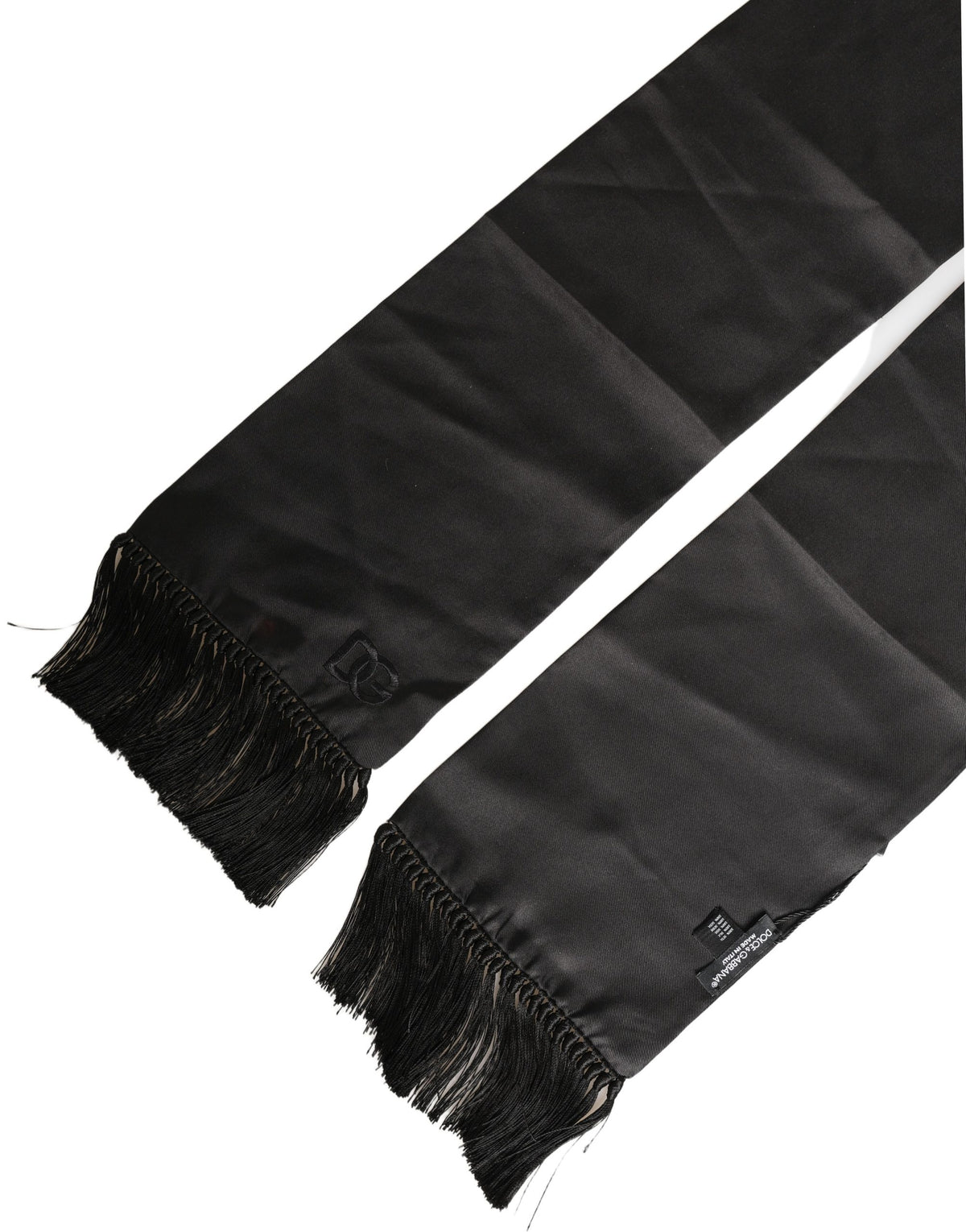 Dolce & Gabbana Black Satin Silk Fringed Lace Stole Scarf