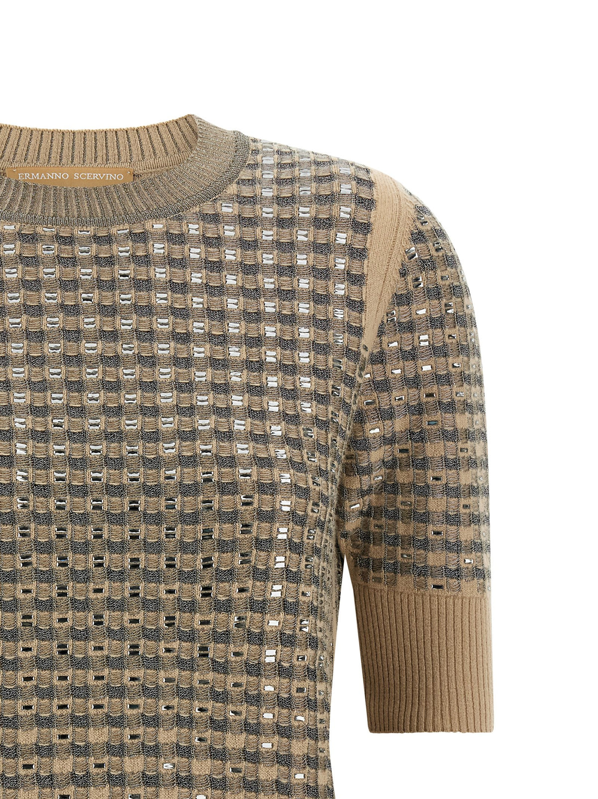 Elevate your wardrobe with the Ermanno Scervino Beige Virgin Wool Sweatshirt, a luxurious blend of virgin wool and cashmere, showcasing exquisite craftsmanship and timeless elegance.