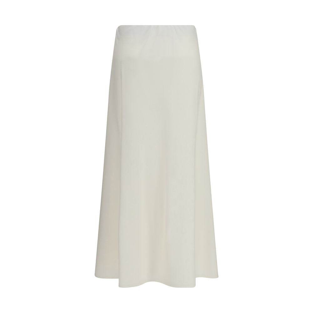 Experience the exquisite allure of the Brunello Cucinelli Beige Wool Oves Aries Midi Skirt, a luxurious blend of virgin wool and viscose twill, perfect for timeless elegance.