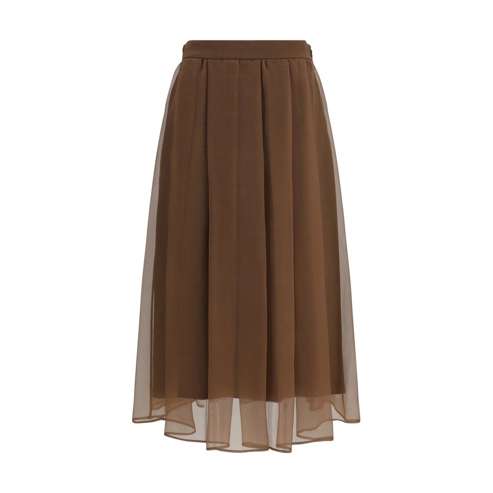 Indulge in the elegance of the Brunello Cucinelli Brown Silk Midi Skirt, crafted from luxurious silk with a refined pleated design, perfect for any sophisticated occasion.