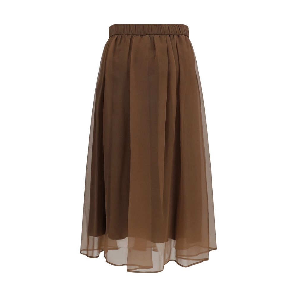 Elevate your wardrobe with the Brunello Cucinelli Brown Silk Midi Skirt, a masterpiece of 100% silk craftsmanship that embodies timeless elegance and sophisticated allure.