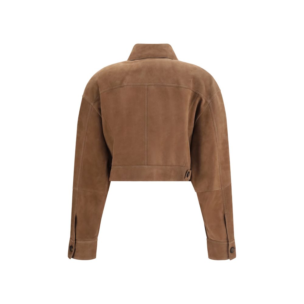 Indulge in the exquisite Brunello Cucinelli Brown Calf Leather Bos Taurus Leather Jacket, a masterpiece of soft suede craftsmanship, perfect for elevating your sophisticated style.