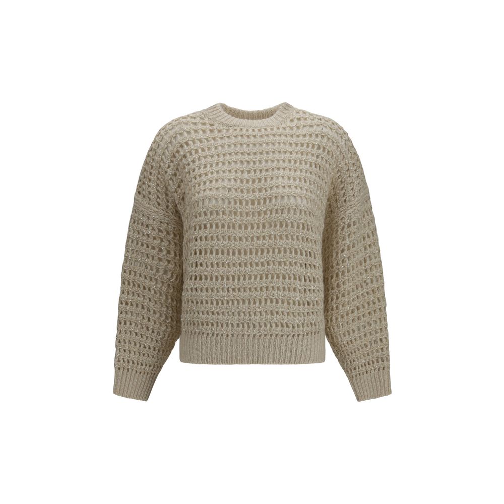 Indulge in the Brunello Cucinelli Beige Wool Oves Aries Sweatshirt, a masterpiece of open-knit luxury, blending exquisite wool and cashmere for timeless elegance.