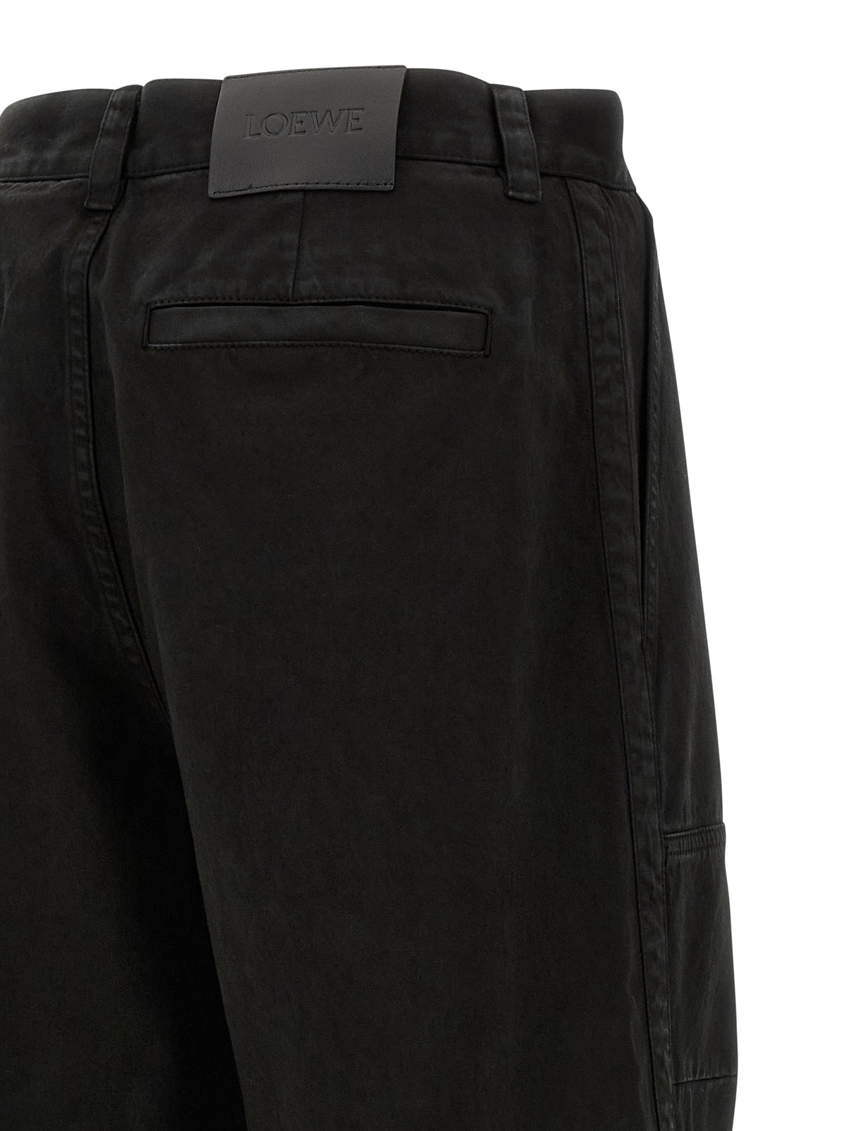 Elevate your wardrobe with Loewe Black Cotton Cargo Pants, crafted from luxurious washed cotton satin, embodying sophistication and effortless style for the discerning individual.