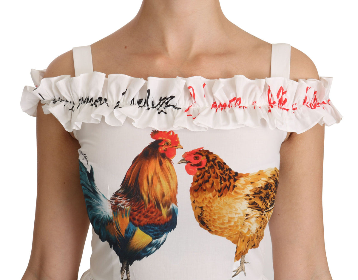 Dolce & Gabbana White Rooster Sheath Midi Dress in Luxurious Cotton