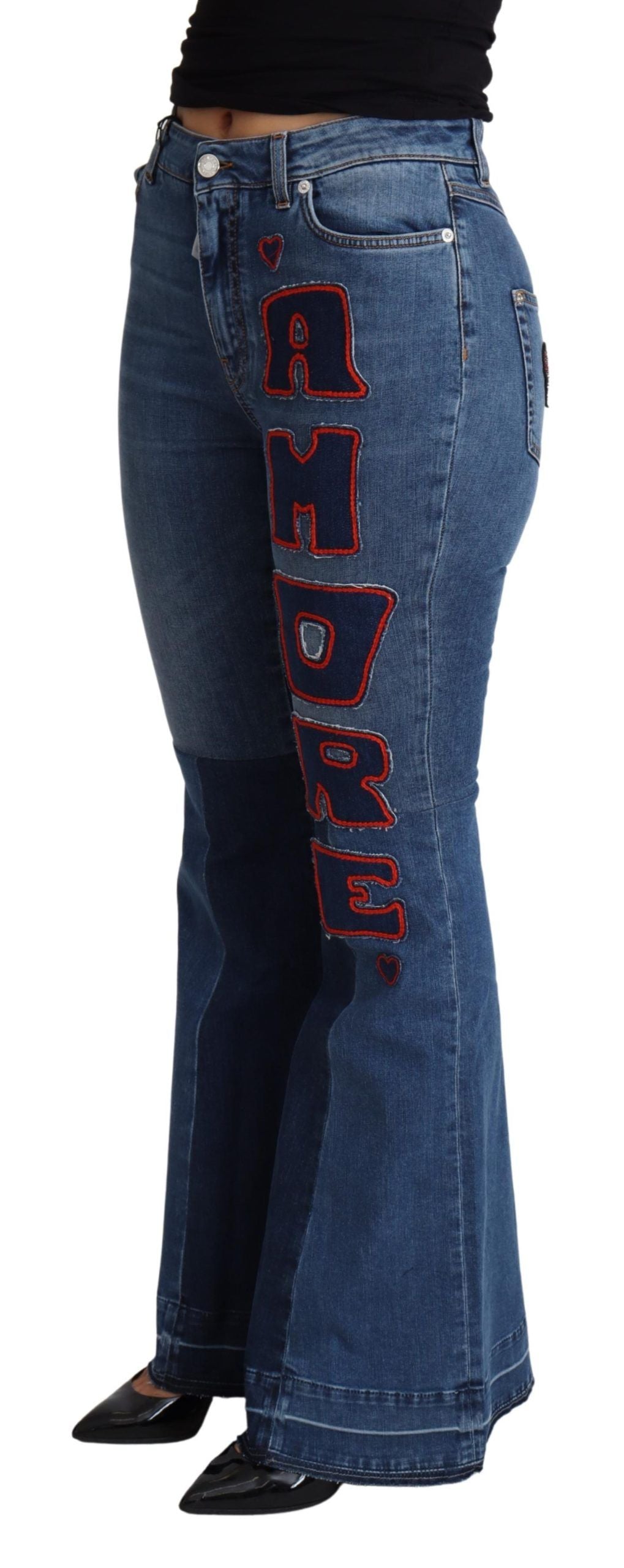 Indulge in the exquisite Dolce & Gabbana Blue Amore Patch Boot Cut Cotton Stretch Pant, where Italian craftsmanship meets timeless elegance, perfect for the discerning fashion connoisseur.