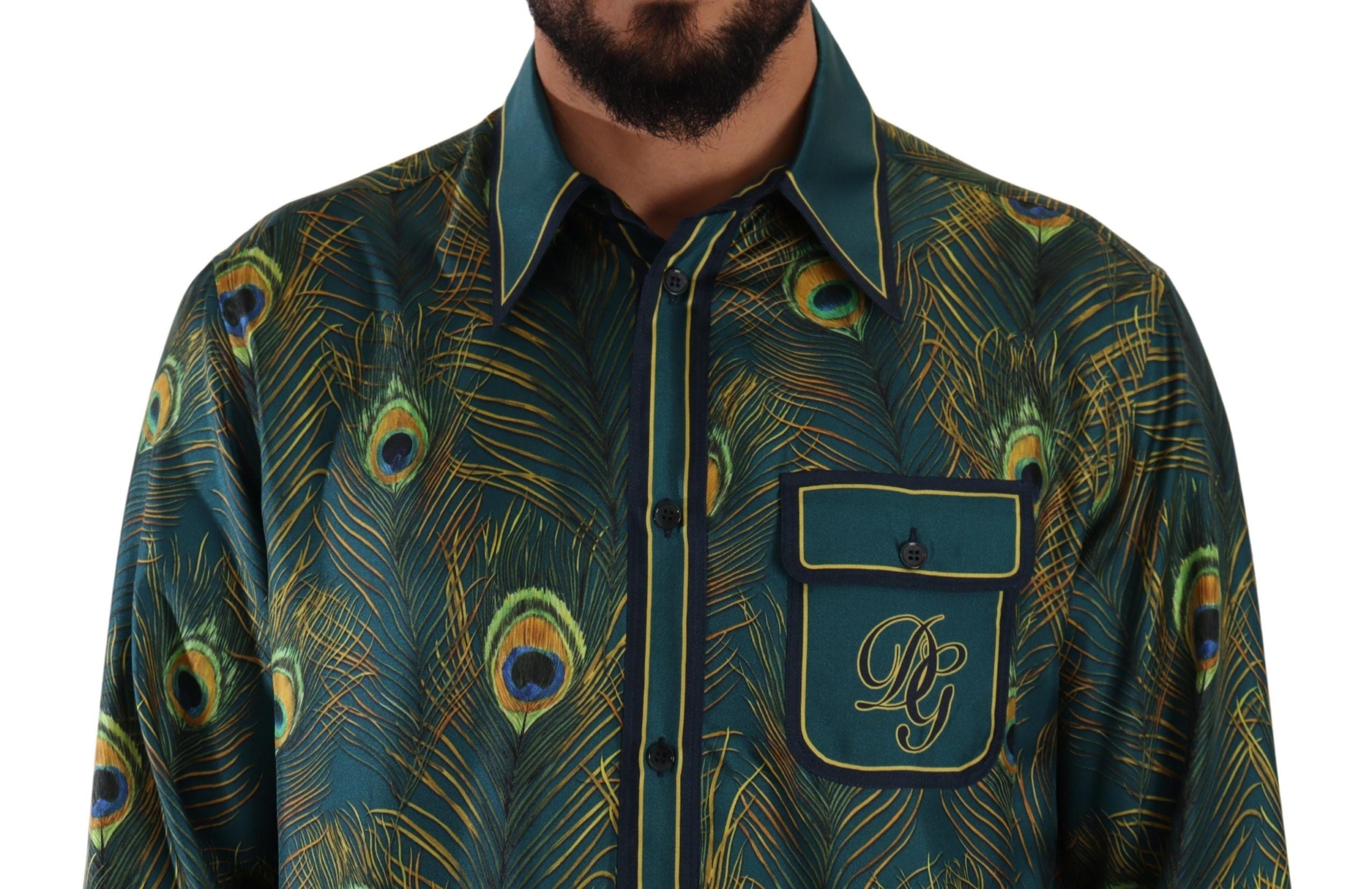 Dolce & Gabbana Peacock Feather Print Silk Pajama Mens Shirt