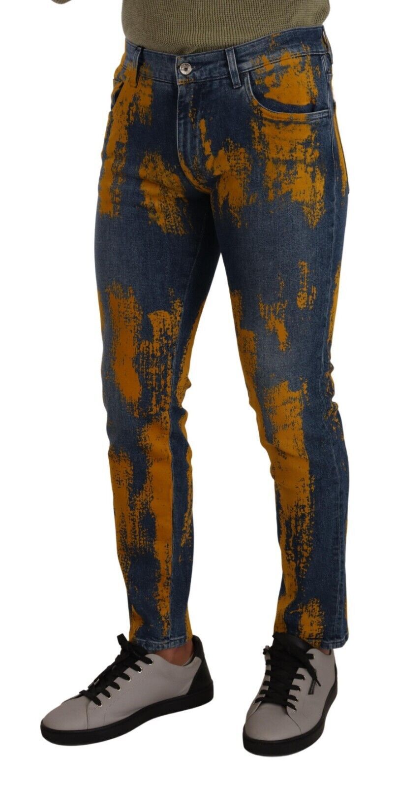 Elevate your wardrobe with Dolce & Gabbana's Blue Yellow Dye Cotton Skinny Men Denim Jeans, a luxurious blend of artistry and Italian craftsmanship that defines sophistication.
