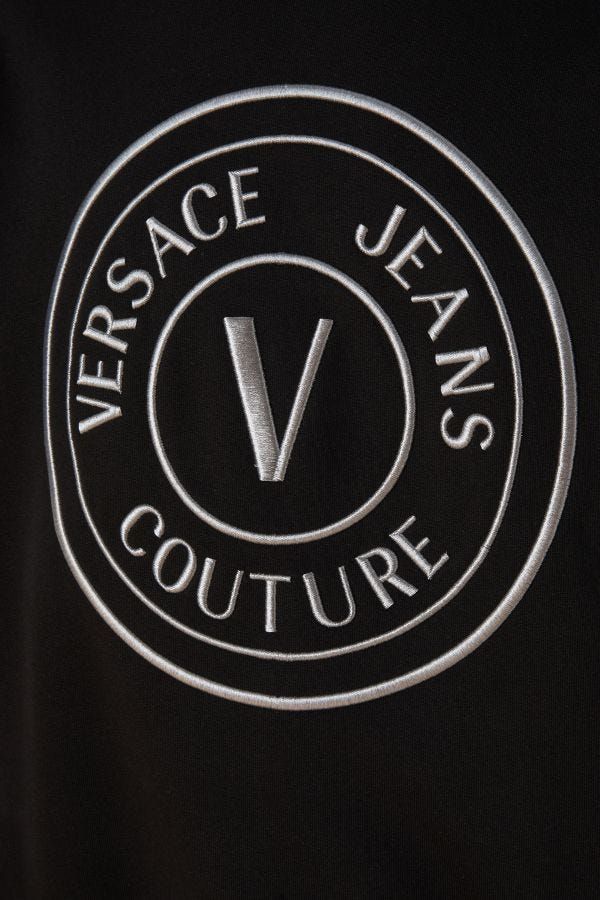 Elevate your wardrobe with the Versace Jeans Black Cotton Logo Details Hooded Sweatshirt, a luxurious blend of comfort and elegance, perfect for any occasion.