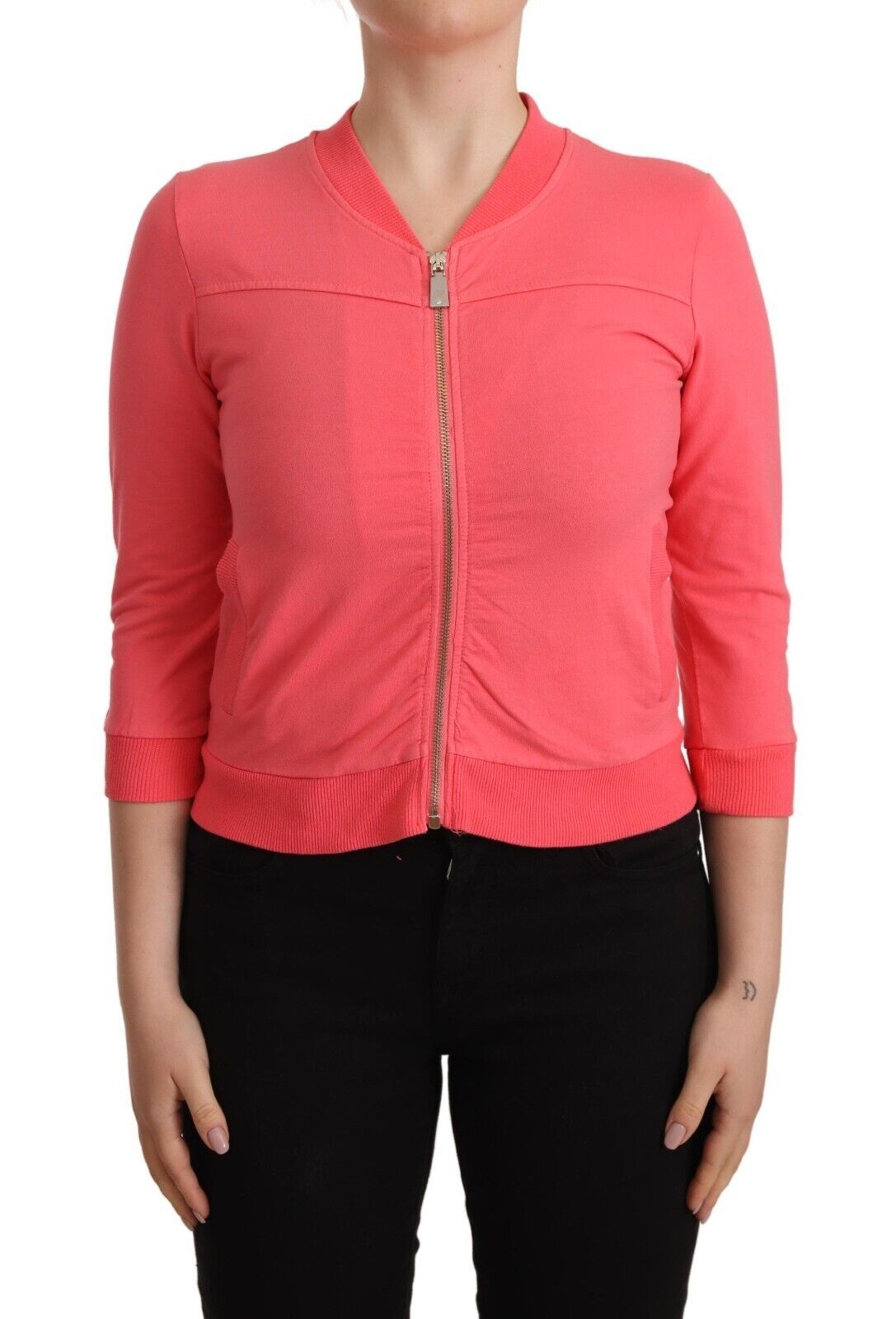 Elevate your style with the Blumarine Pink 3/4 Sleeve Zip Embellished Sweater, a luxurious cotton masterpiece that embodies timeless elegance and Italian craftsmanship.