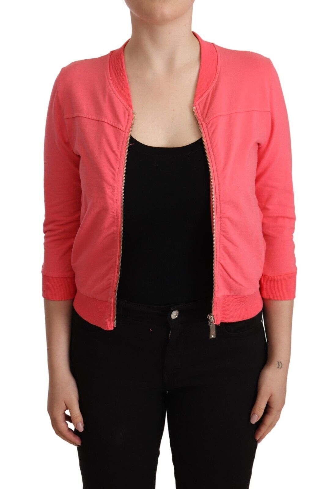 Elevate your style with the Blumarine Pink 3/4 Sleeve Zip Embellished Sweater, a masterpiece of Italian craftsmanship in luxurious cotton, perfect for any sophisticated wardrobe.