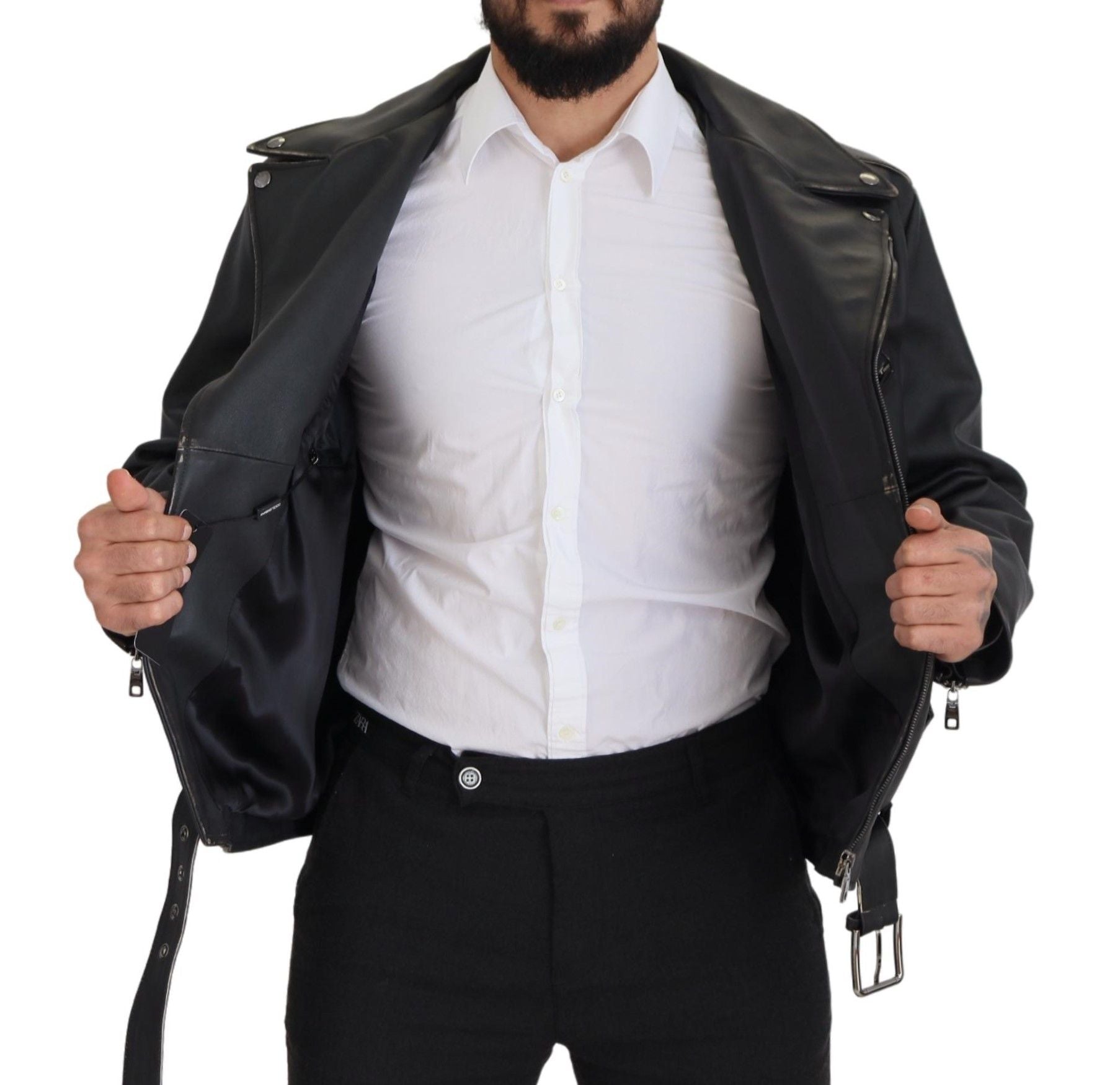 Elevate your style with the Dolce & Gabbana Black Leather Biker Coat, a masterpiece of Italian craftsmanship that embodies timeless elegance and confident sophistication.
