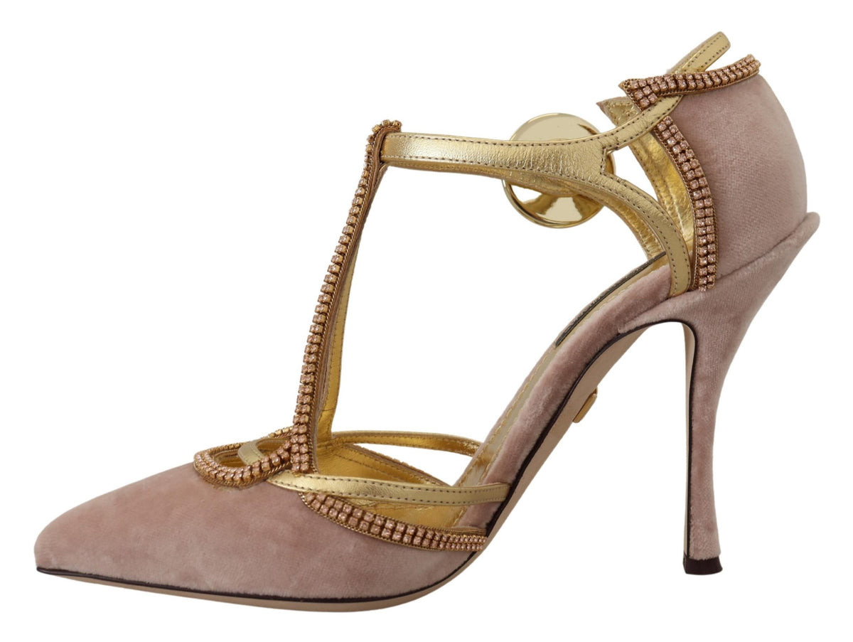 Elevate your elegance with Dolce & Gabbana's Pink Crystal T-strap Heels, where exquisite craftsmanship meets luxurious pink satin and dazzling crystal embellishments.