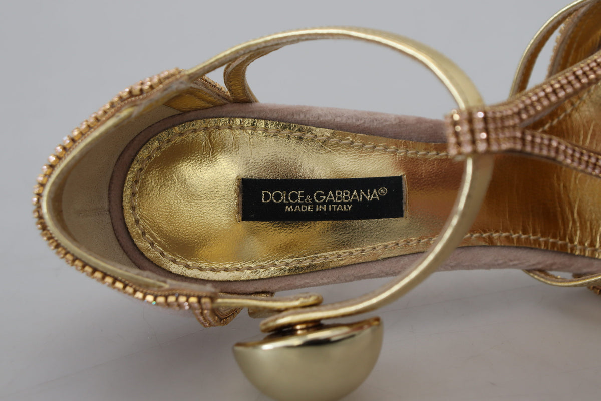 Indulge in the exquisite allure of Dolce & Gabbana Pink Crystal T-strap Heels, where luxurious pink satin meets dazzling craftsmanship, perfect for elevating any ensemble.
