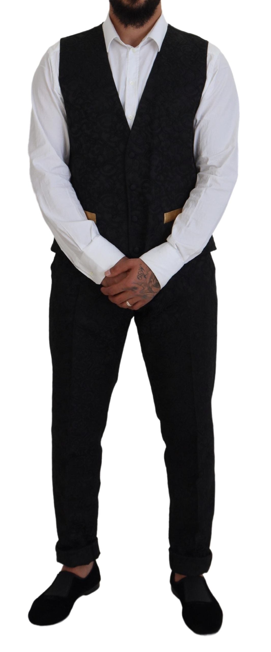 Elevate your elegance with the Dolce & Gabbana Black Gold Fantasy Tuxedo Slim Fit Suit, a masterpiece of luxurious silk and acetate, crafted for the discerning individual.
