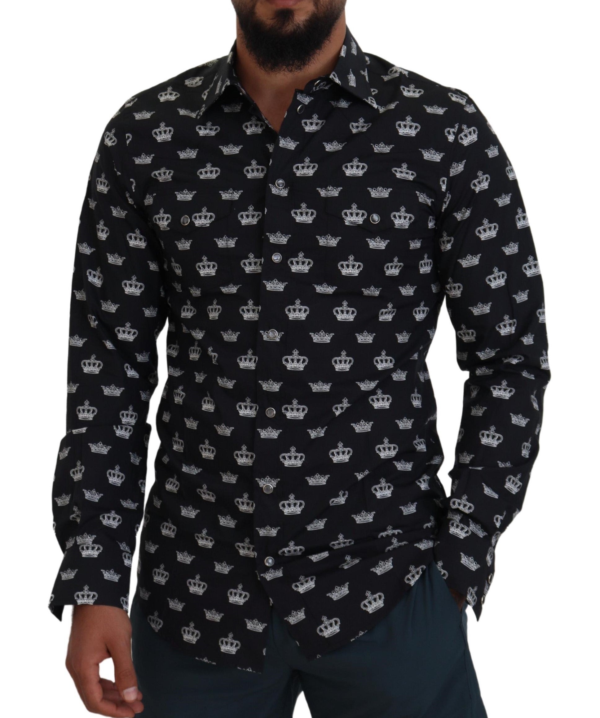 Dolce & Gabbana Black Crown Print GOLD Slim Shirt