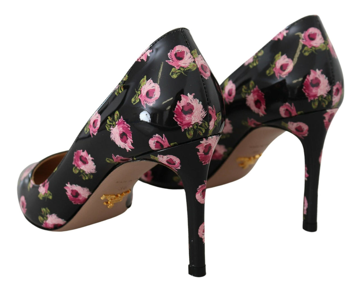 Prada Black Leather Floral Heels - Artisanal Elegance in Luxury