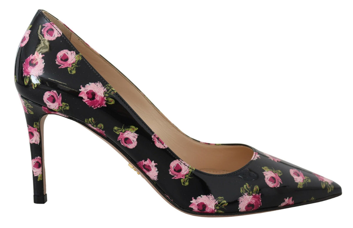 Prada Black Leather Floral Heels - Timeless Luxury Footwear