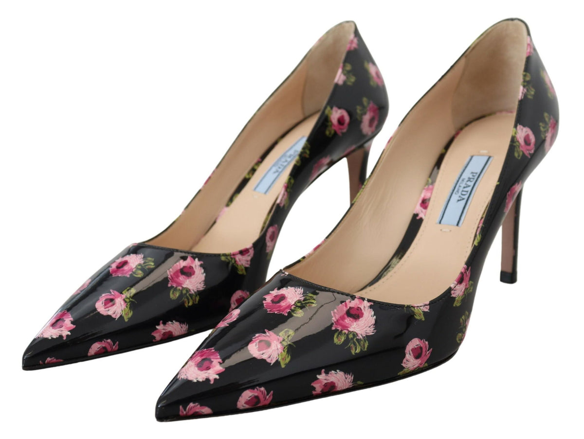 Prada Black Leather Floral Heels - Timeless Luxury Footwear