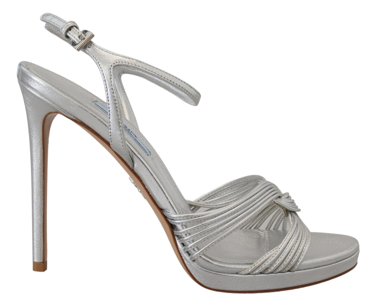 Step into a world of elegance with Prada Silver Leather Sandals, where exquisite craftsmanship meets timeless luxury, perfect for the discerning individual.