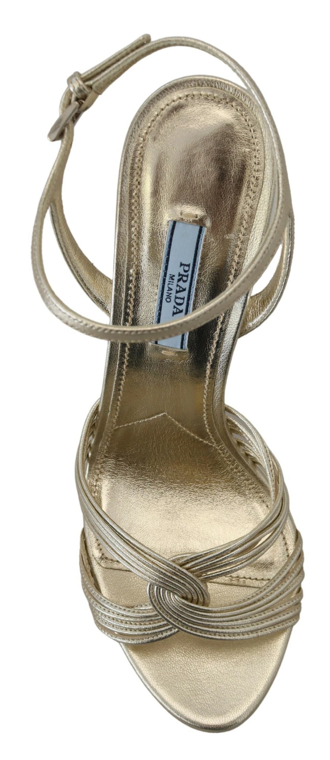 Elevate your elegance with Prada Gold Leather Sandals, a masterpiece of Italian craftsmanship in luxurious leather, perfect for any refined occasion.