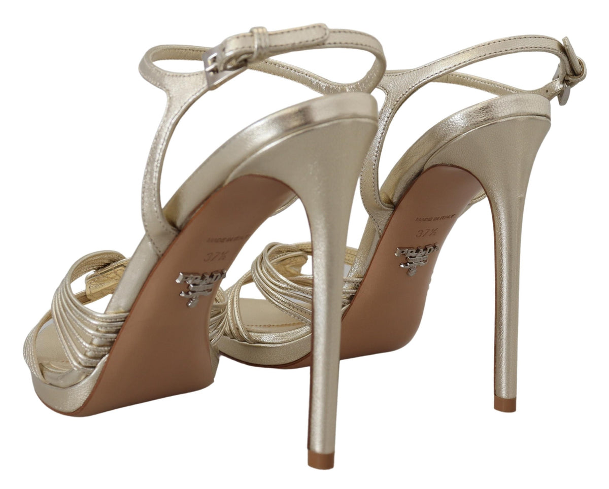 Elevate your elegance with Prada Gold Leather Sandals, a masterpiece of Italian craftsmanship. Indulge in luxurious style for every occasion, embodying sophistication and allure.