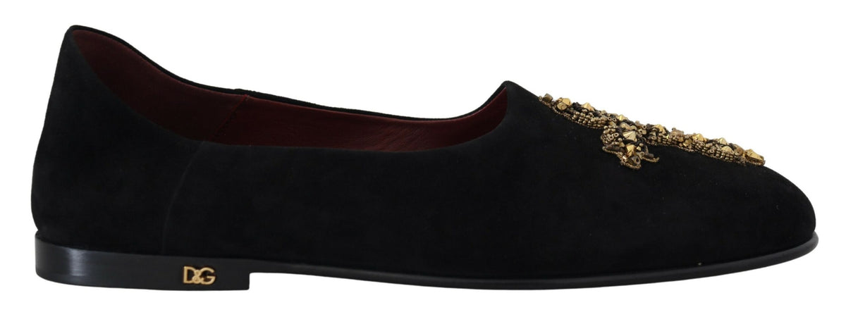Elevate your elegance with Dolce & Gabbana's Black Suede Gold Cross Slip On Loafers, a masterpiece of artisanal luxury and sophisticated comfort, crafted in Italy.