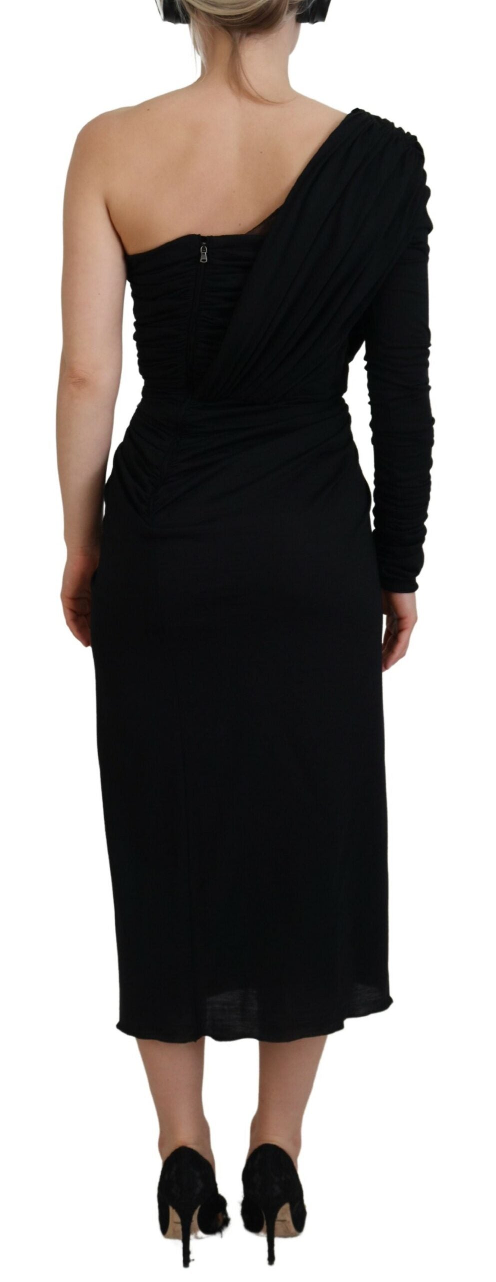 Dolce & Gabbana Black One Shoulder Wool Midi Dress - Timeless Elegance