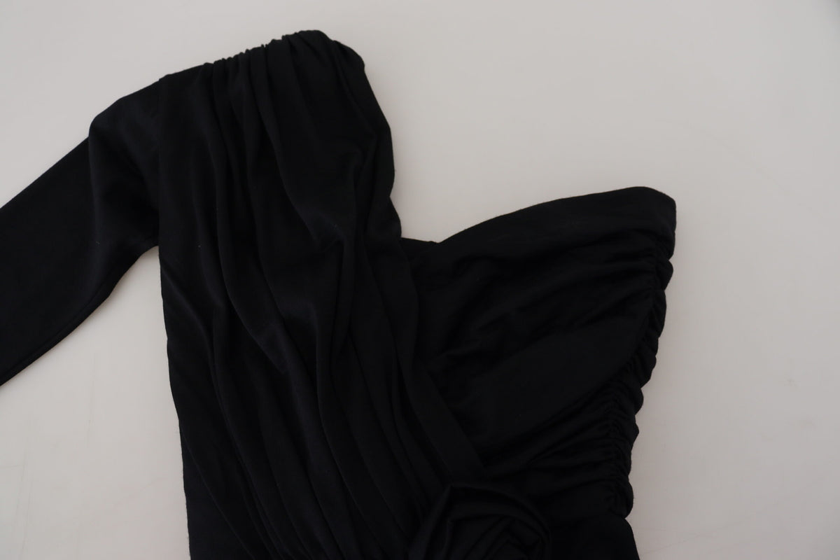 Dolce & Gabbana Black One Shoulder Wool Midi Dress - Timeless Elegance