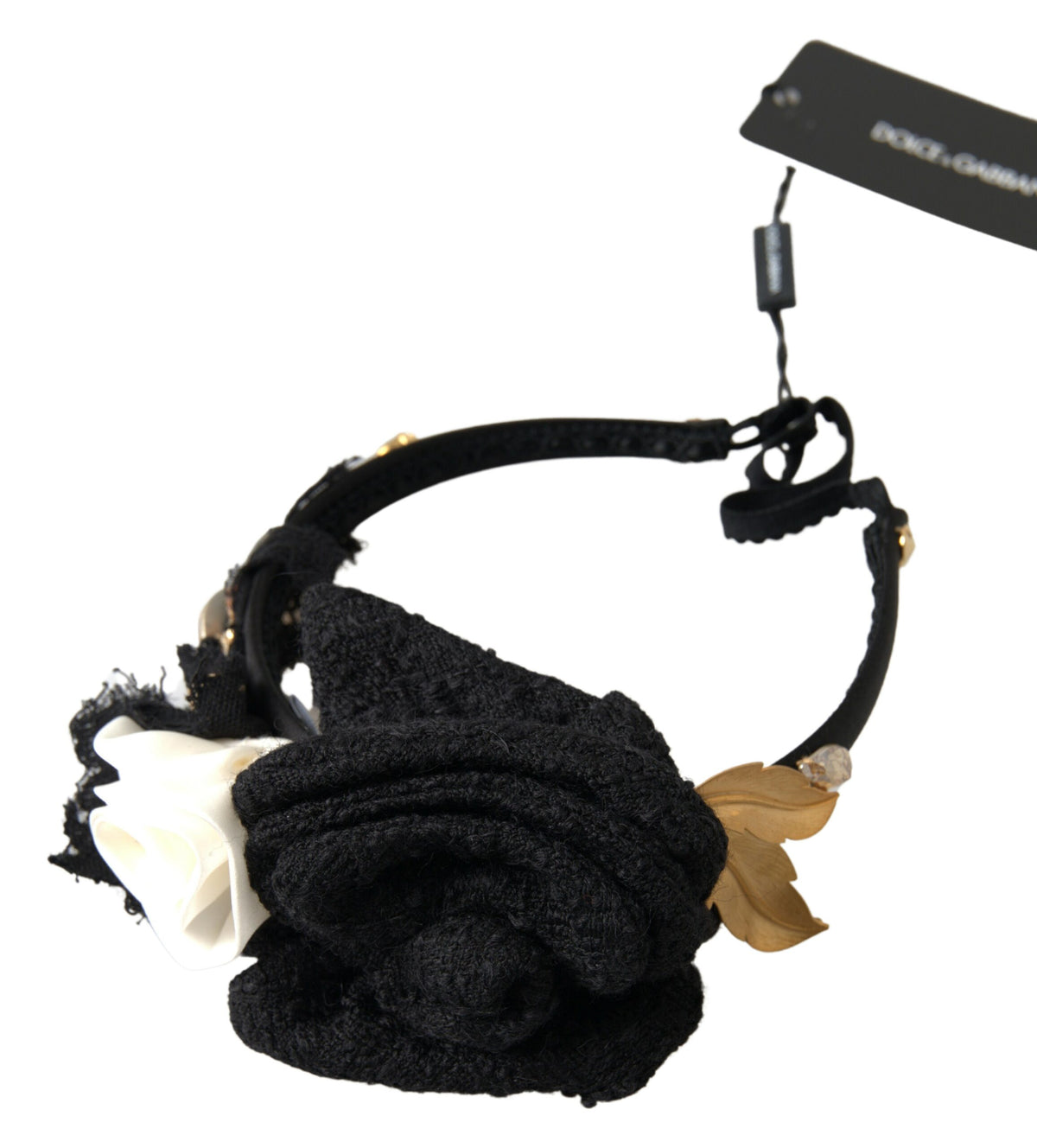 Elevate your elegance with the Dolce & Gabbana Diadem Headband Tiara, a luxurious blend of silk and wool, adorned with shimmering champagne crystals and gold detailing, embodying timeless sophistication.