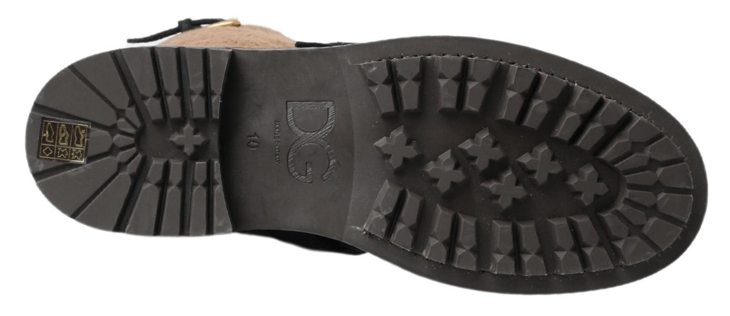 Indulge in the exquisite Dolce & Gabbana Black Leather Brown Shearling Boots, where luxurious craftsmanship meets timeless elegance for the discerning individual.