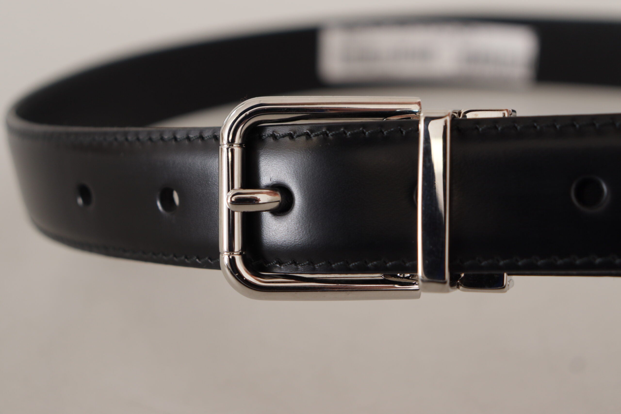 Dolce & Gabbana Black Calf Leather Logo Engraved Metal Buckle Belt