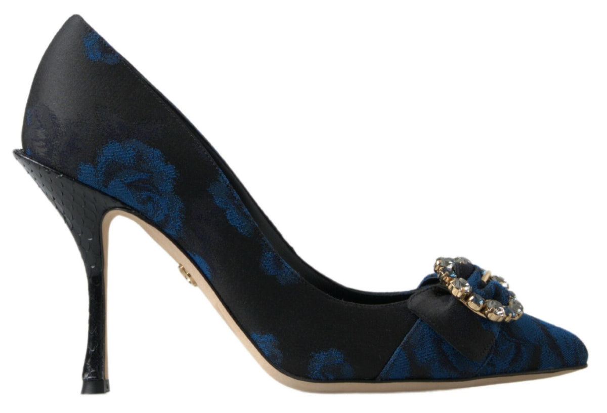 Indulge in the exquisite Dolce & Gabbana Blue Floral Ayers Crystal Pumps, where artisanal elegance meets luxurious materials for an enchanting statement of allure.