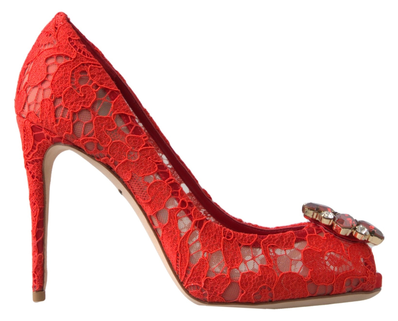 Dolce & Gabbana Red Taormina Lace Crystal Heels Pumps