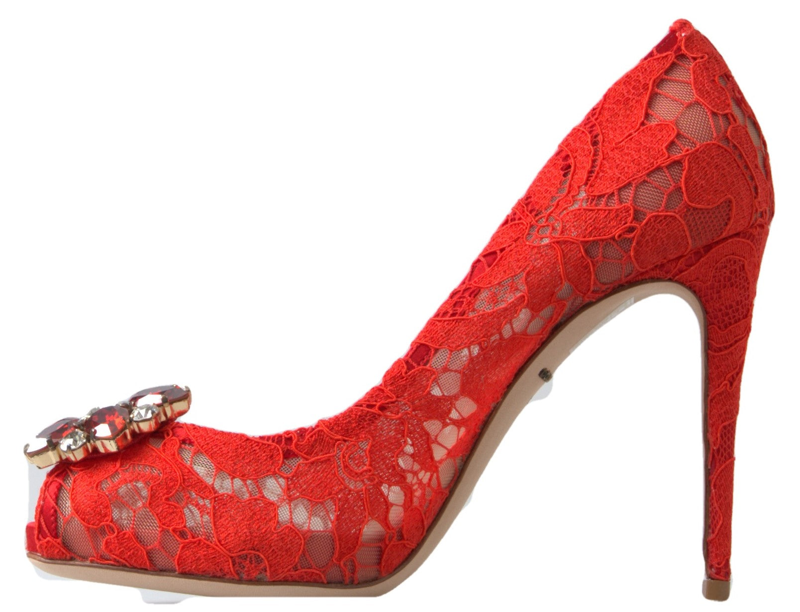 Dolce & Gabbana Red Taormina Lace Crystal Heels - Luxury Elegance