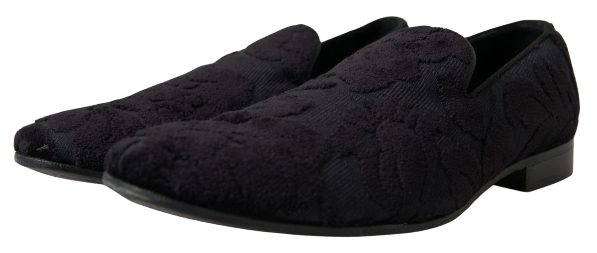 Elevate your formal style with Dolce & Gabbana Black Brocade Loafers, where exquisite Italian craftsmanship meets luxurious elegance, perfect for the discerning individual.
