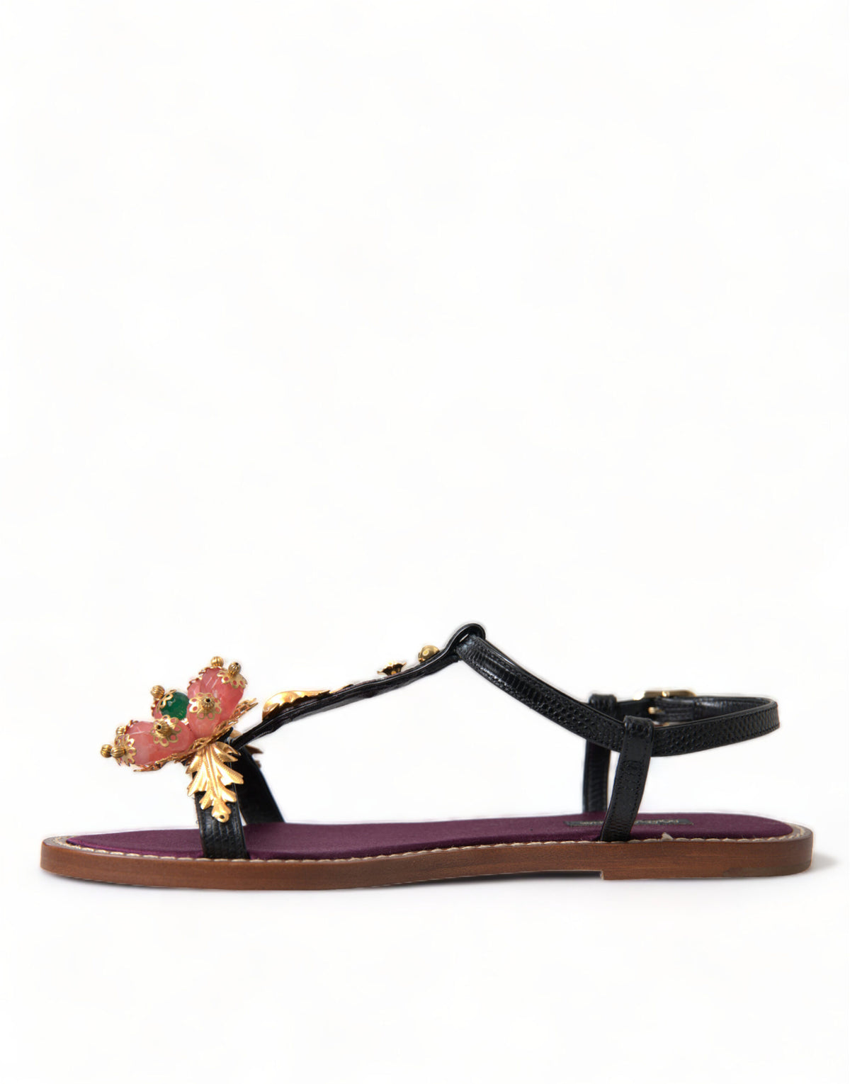 Elevate your style with Dolce & Gabbana's Black Crystal Gold Sandals, crafted from premium leather and adorned with exquisite pink stone crystals, embodying timeless luxury and Italian artistry.