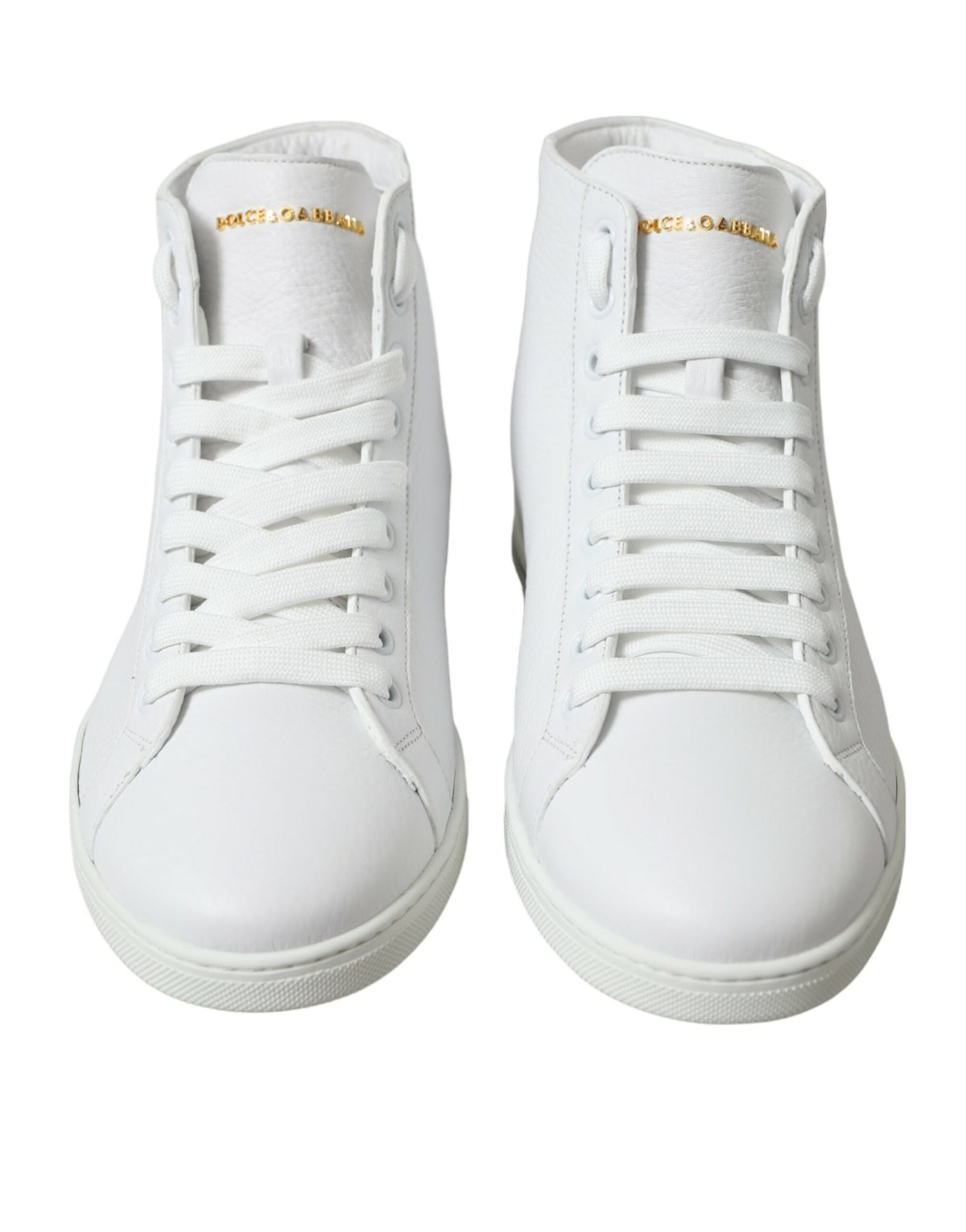 Indulge in the exquisite Dolce & Gabbana White Saint Tropez High Top Sneakers, crafted from premium leather, embodying timeless luxury and Italian artistry for the discerning individual.