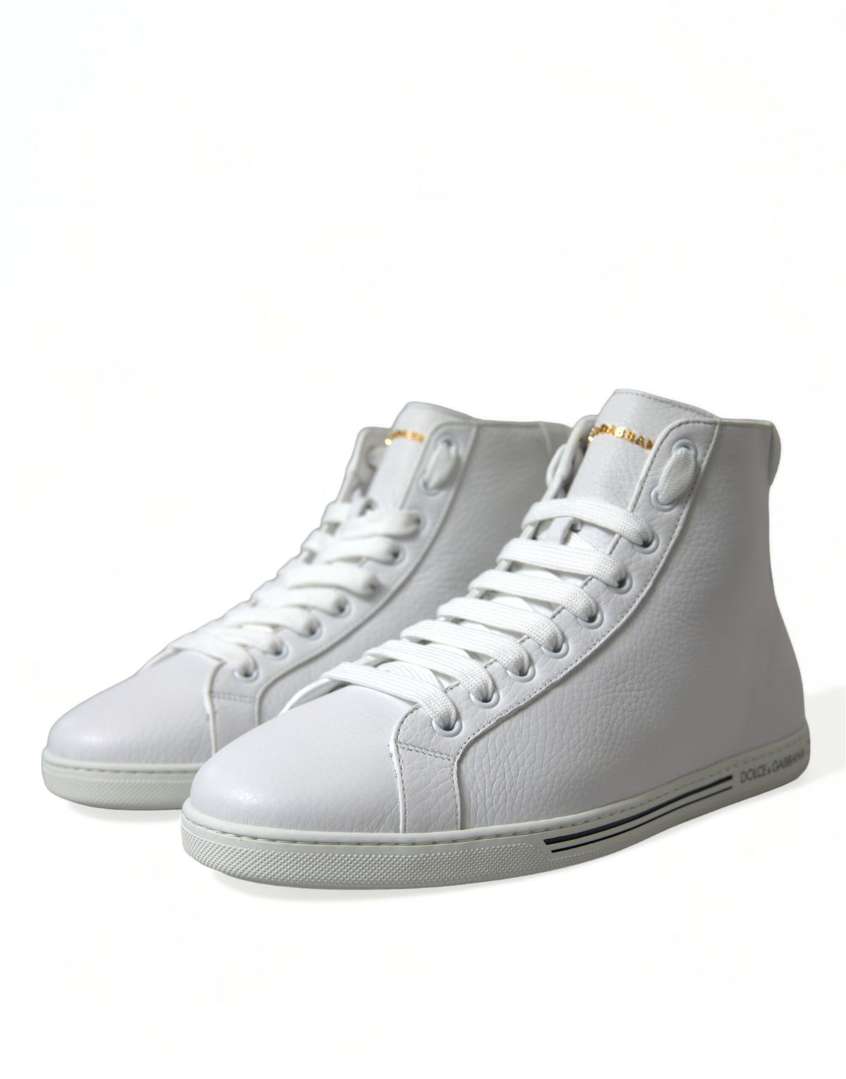 Indulge in the exquisite Dolce & Gabbana White Saint Tropez High Top Sneakers, crafted from premium leather, where timeless luxury meets modern elegance for the discerning individual.
