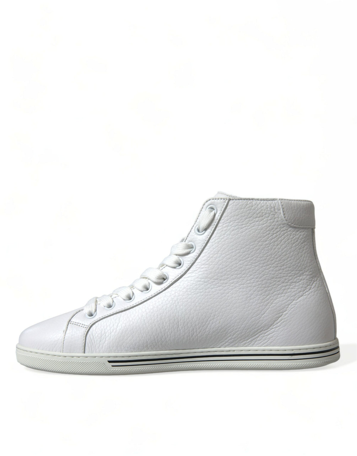 Indulge in the exquisite Dolce & Gabbana White Saint Tropez High Top Sneakers, crafted from premium leather, embodying timeless luxury and sophisticated style for the discerning individual.