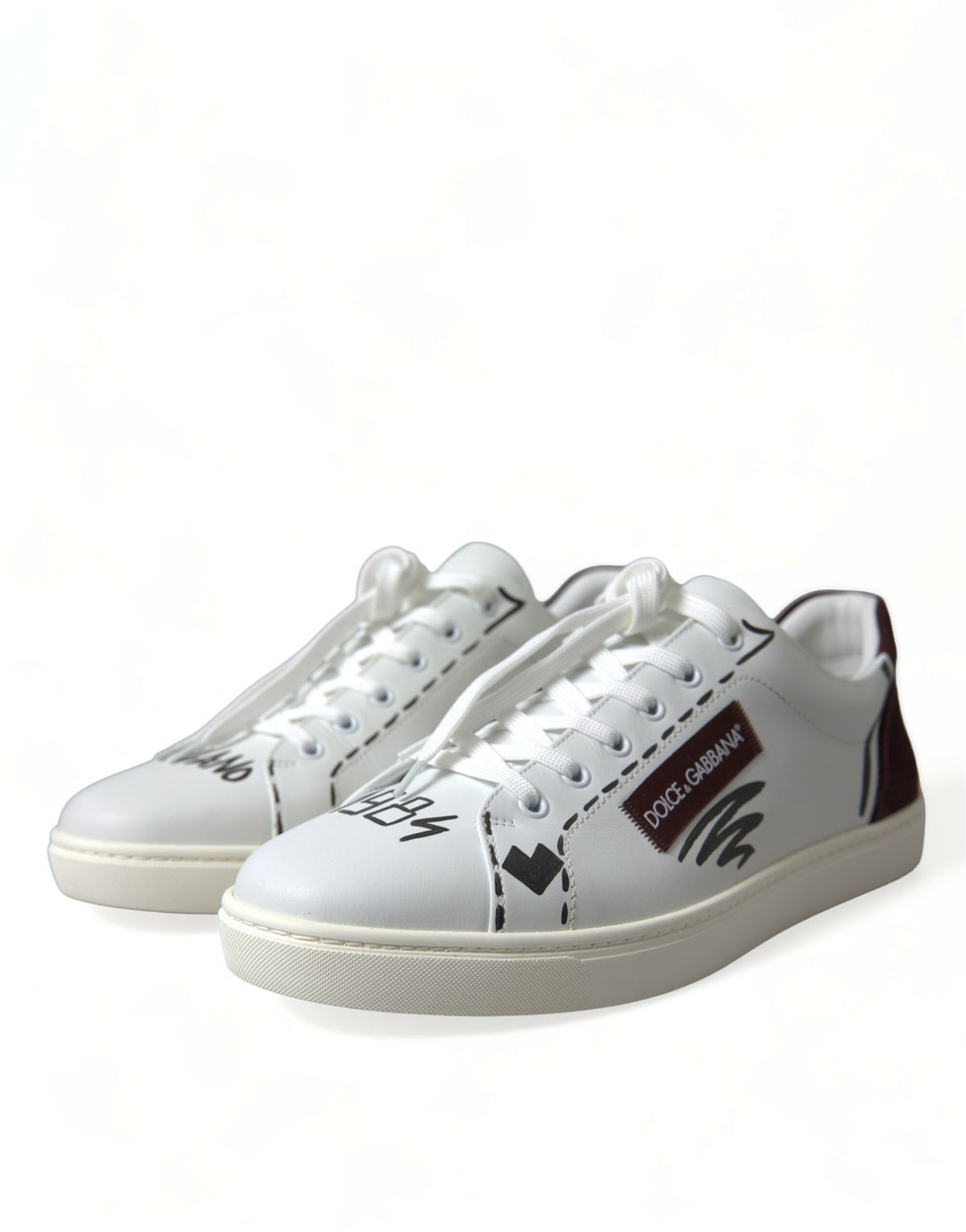 Indulge in the exquisite Dolce & Gabbana White Bordeaux Leather Logo Low Top Sneakers, where luxurious calf leather meets timeless elegance, perfect for every discerning individual.