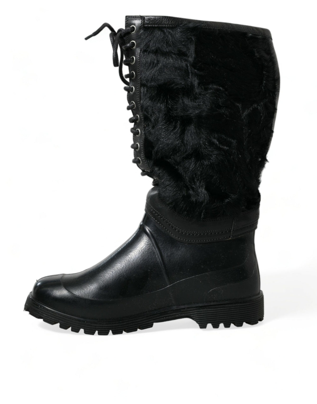 Step into the realm of luxury with Dolce & Gabbana's Black Rubber Lace Up Shearling Rain Boots, where exquisite craftsmanship meets timeless elegance for the discerning individual.