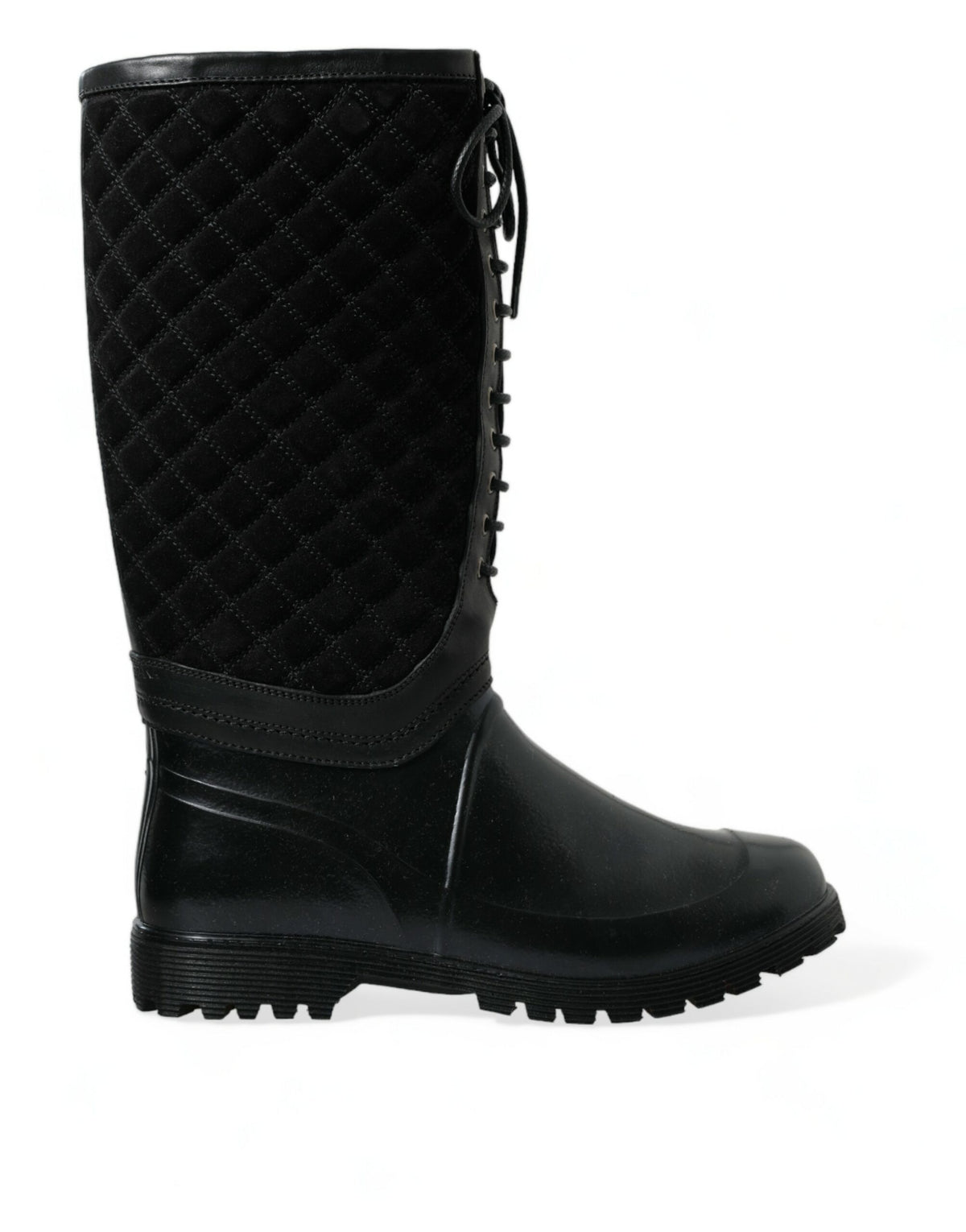 Indulge in the exquisite Dolce & Gabbana Black Chioggia Rain Boots, where luxurious calfskin and PVC unite for a sophisticated statement in any weather.