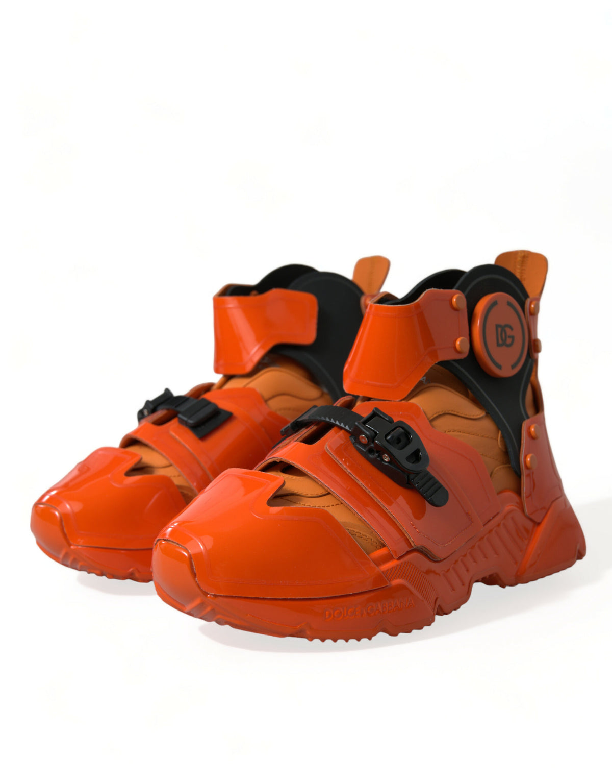 Elevate your style with Dolce & Gabbana's Orange Multi Panel Chunky High Top Sneakers, where exquisite craftsmanship meets vibrant luxury for the discerning individual.