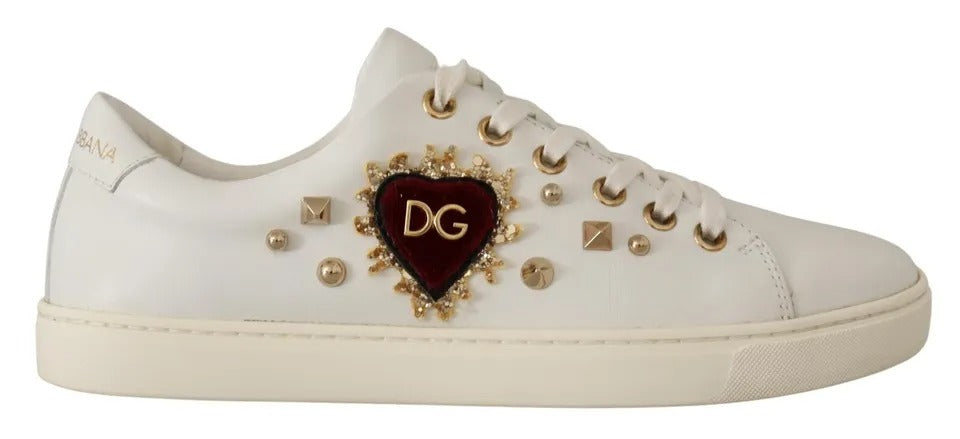 Dolce & Gabbana White Leather Gold Heart Sneakers - Luxe Elegance