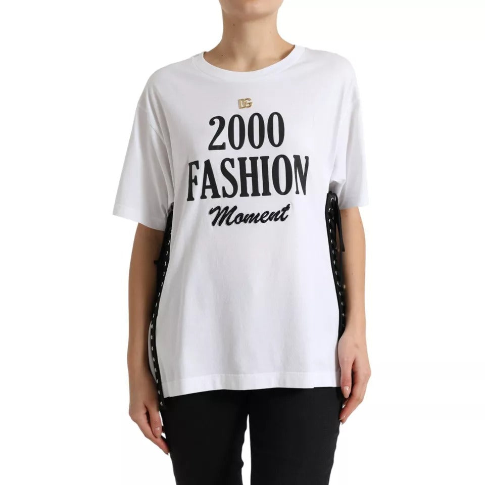 Indulge in the exquisite Dolce & Gabbana White Slogan Print Lacing Detailed T-shirt, a luxurious blend of 100% cotton and Italian craftsmanship that elevates your style.