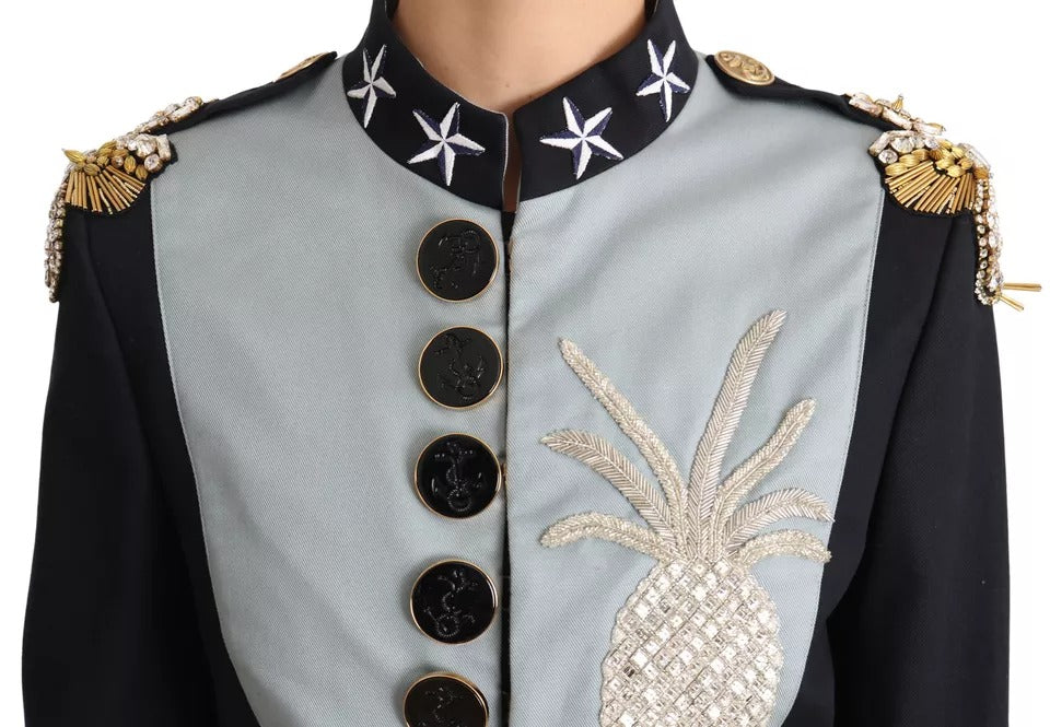 Elevate your style with the Dolce & Gabbana Blue Button Crystal Embellished Cotton Jacket, a luxurious blend of cotton and silk, embodying exquisite craftsmanship and timeless elegance.