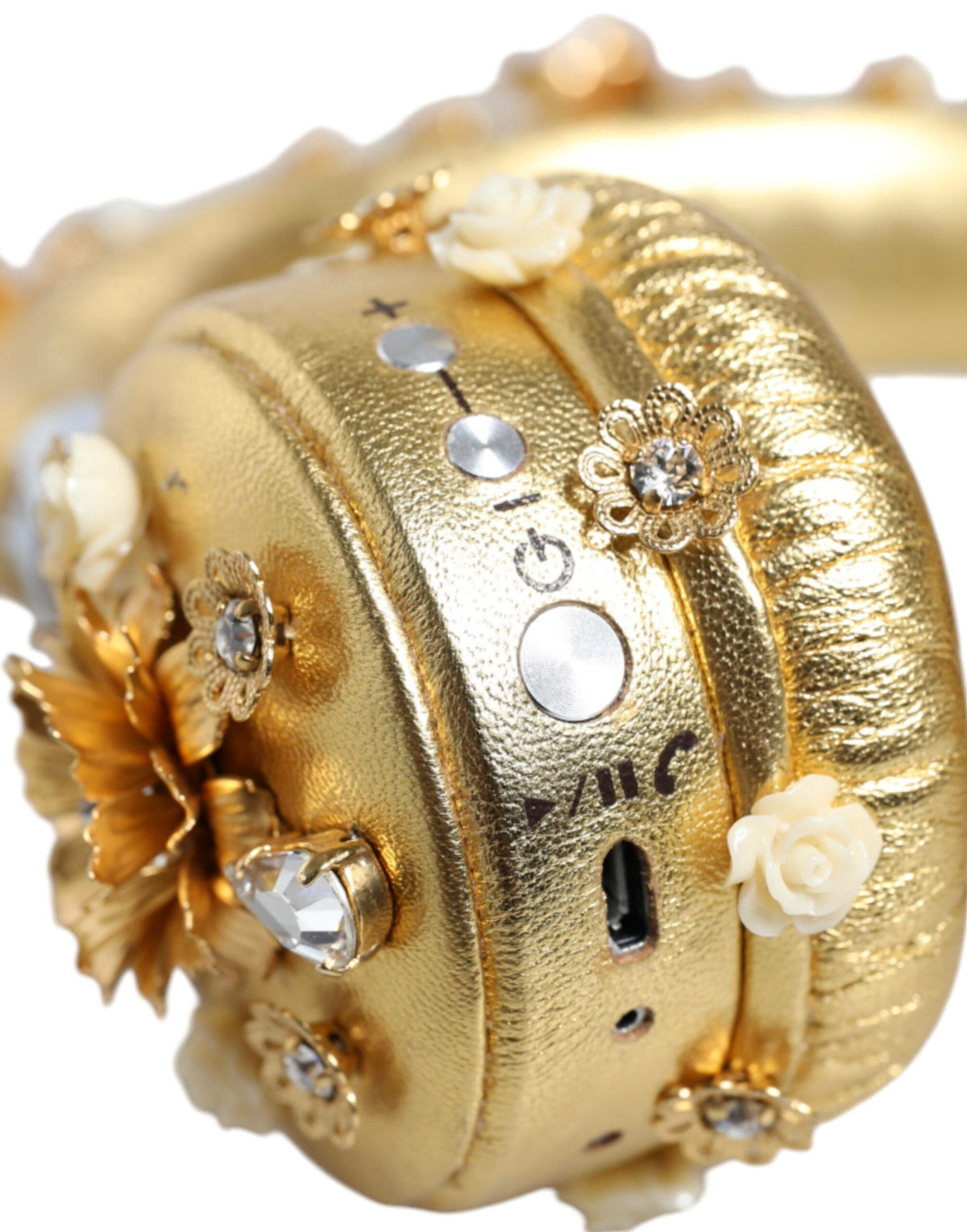 Dolce & Gabbana Gold Leather Floral Crystal Headset Luxury