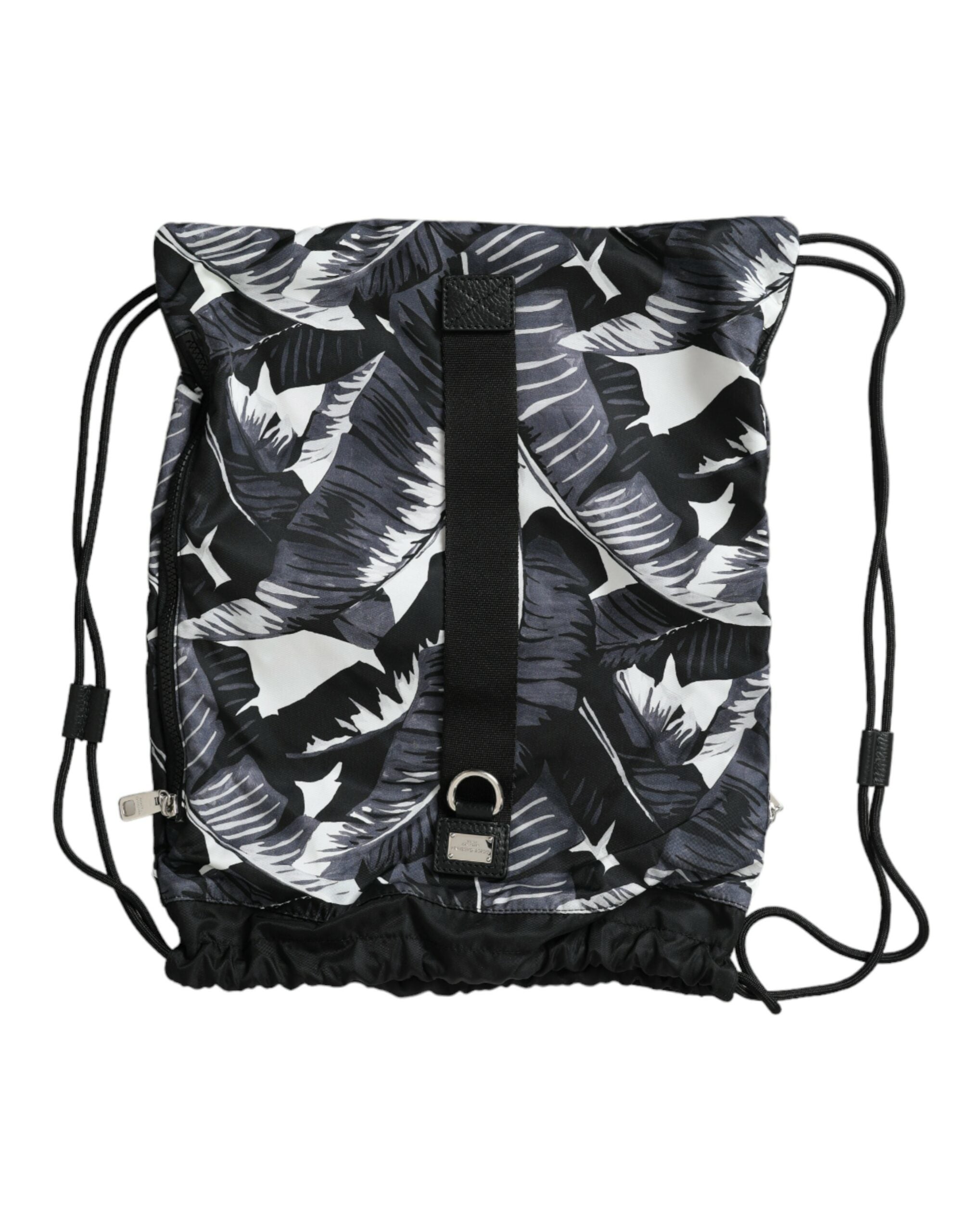 Dolce & Gabbana Black Leaf Print Adjustable Drawstring Nap Sack Bag - DEA STILOSA MILANO