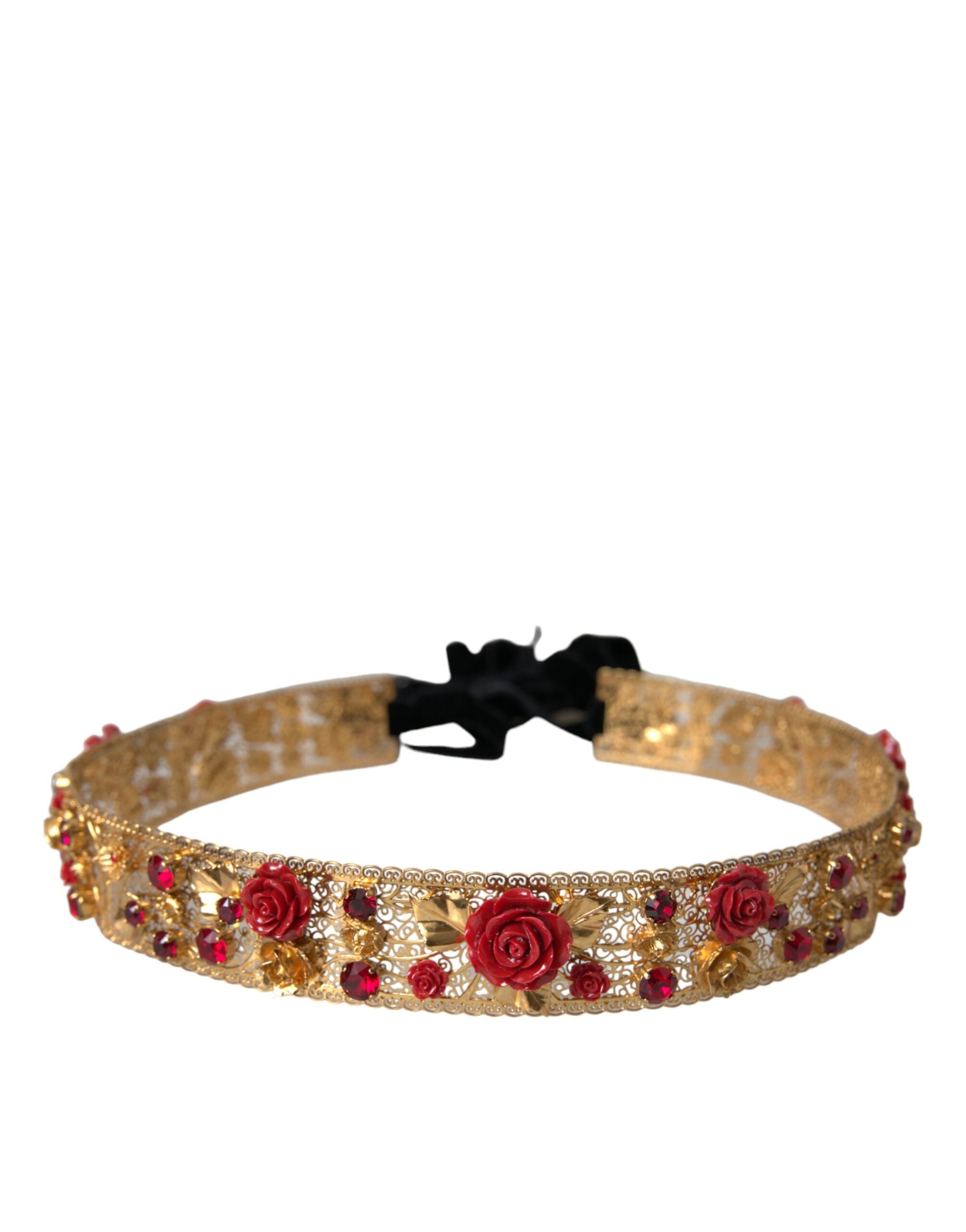 Dolce & Gabbana Gold Brass Red Roses Crystal Jewel Waist Belt - DEA STILOSA MILANO